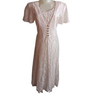 sz 10 Vintage Dawn Joy Fashions Dress Chantilly Lace Pink Padded Shoulders 1990s
